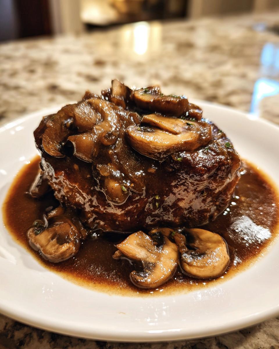 A close-up of a juicy salisbury steak smothered in rich brown mushroom gravy on a white plate.