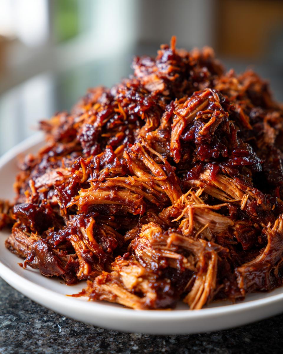 Close-up of a generous serving of shredded, saucy Slow Cooker Pulled Pork piled high on a white plate.