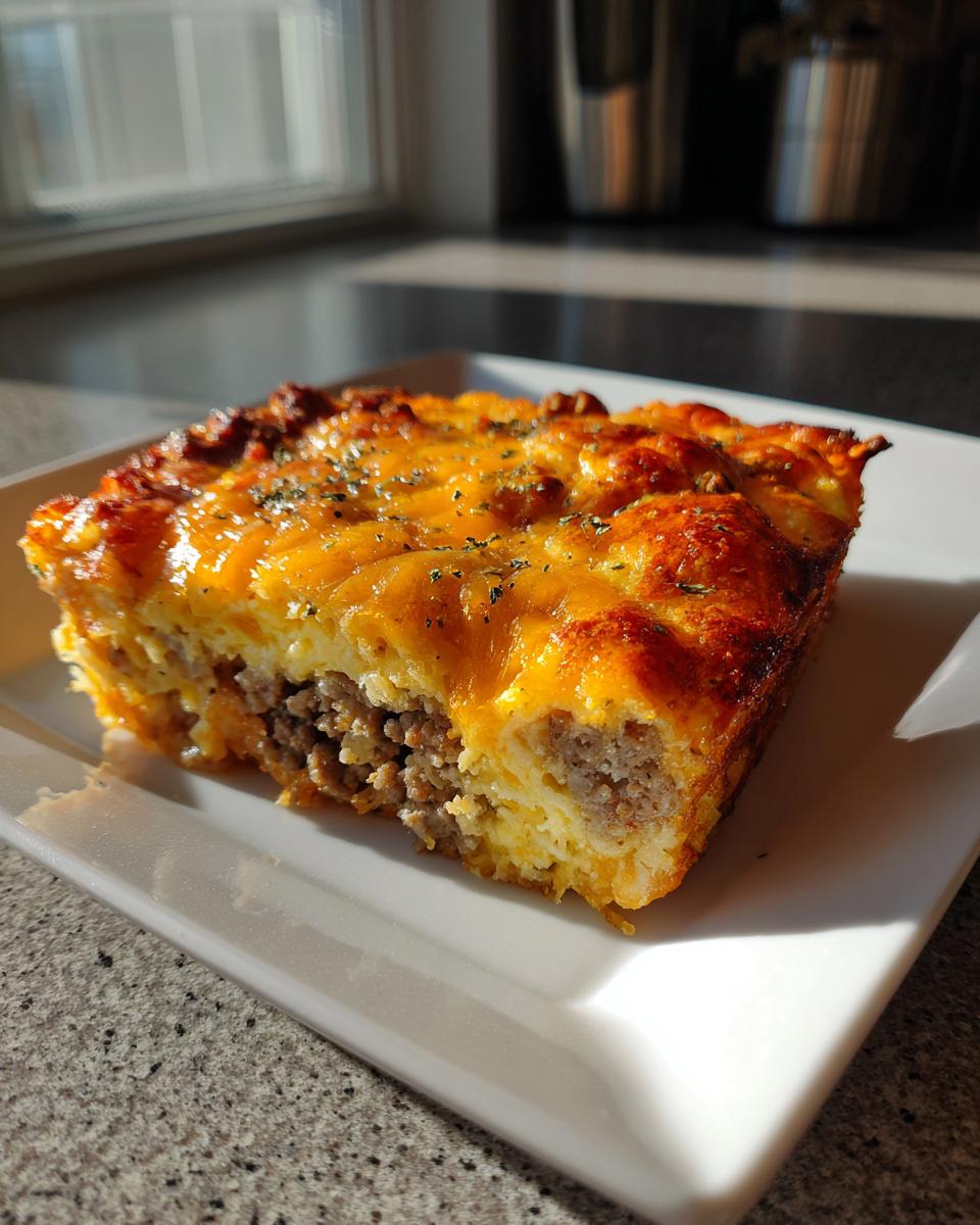 A square slice of savory christmas breakfast casserole with sausage, eggs, and melted cheddar cheese topping.
