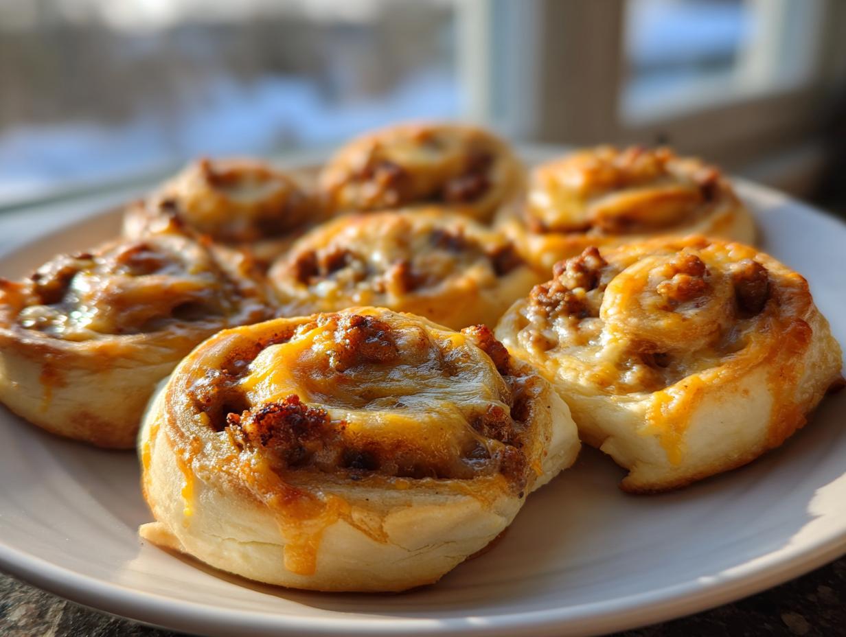 A plate of freshly baked sausage pinwheels topped with melted cheese, ready to serve.