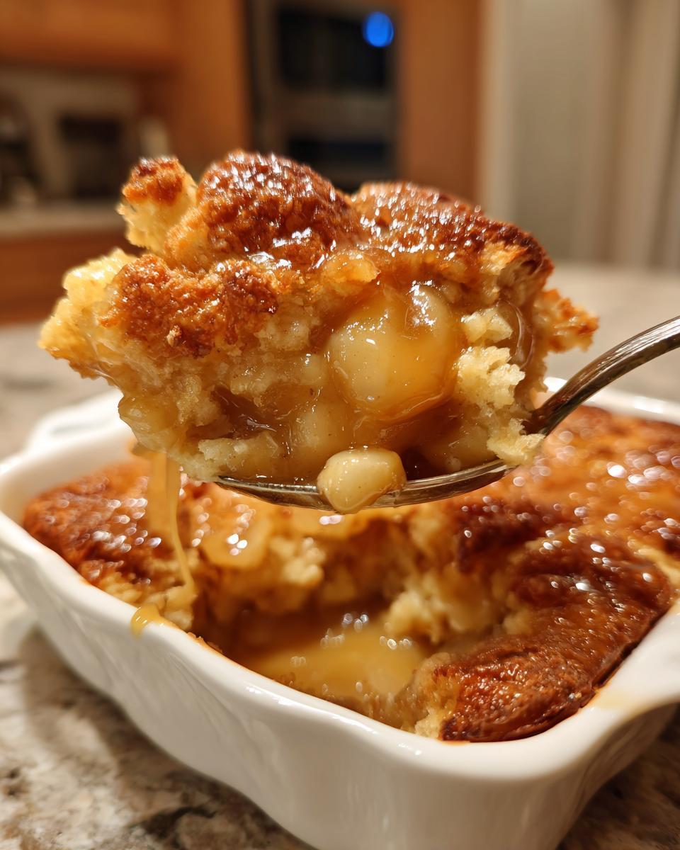 A spoonful of warm, gooey caramel apple dump cake being lifted from a white baking dish.