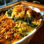 A spoonful of creamy broccoli cauliflower casserole with a golden, crunchy topping being lifted from the dish.