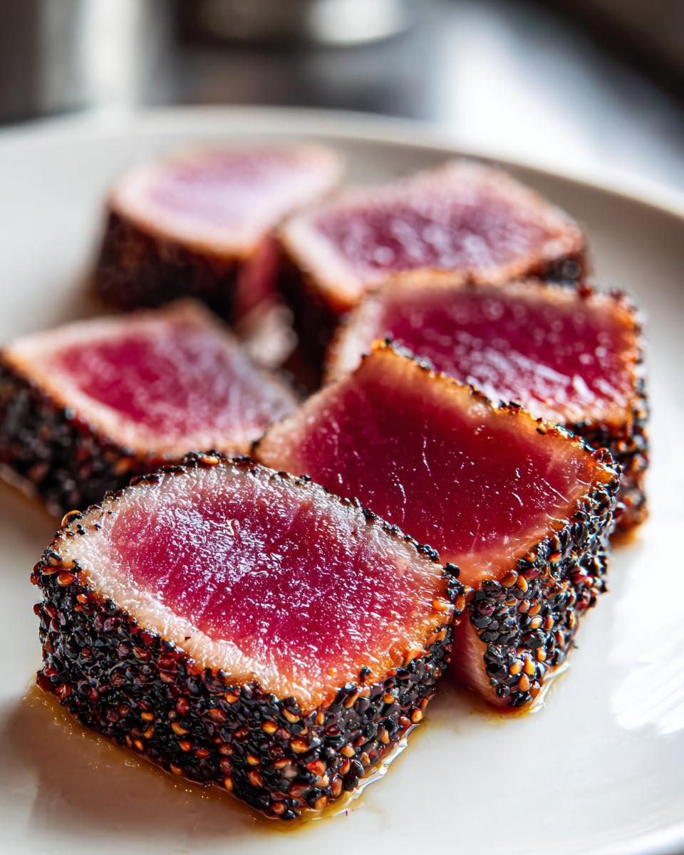 Close-up of five perfectly seared ahi tuna slices, crusted in black sesame seeds, showing a rare, bright red center.