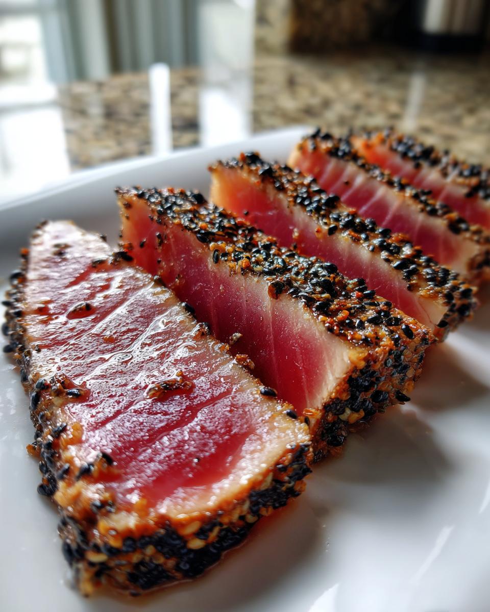 Close-up of five perfectly sliced Seared Ahi Tuna pieces with a black sesame seed crust.