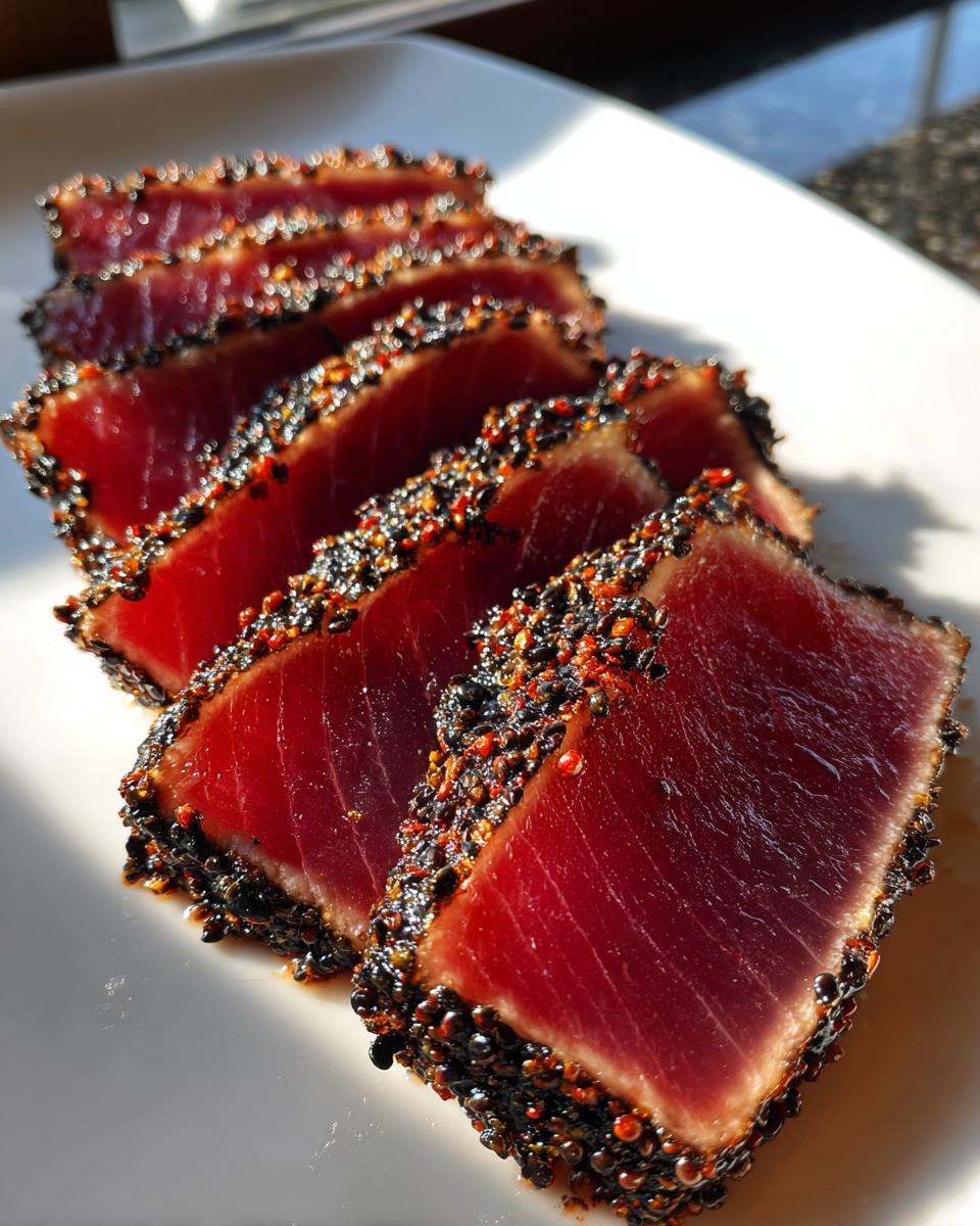 Slices of perfectly seared ahi tuna, crusted with black and red peppercorns, resting on a white plate.