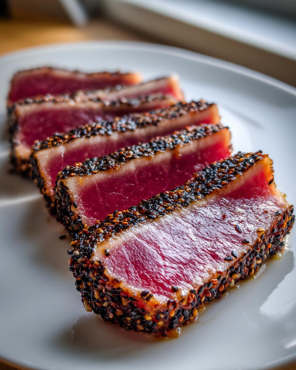 Four slices of perfectly seared ahi tuna, crusted with black sesame seeds, showing a bright red, rare center.