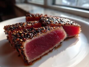 Close-up of three slices of perfectly seared ahi tuna with a dark sesame seed crust, showing a rare, bright red center.
