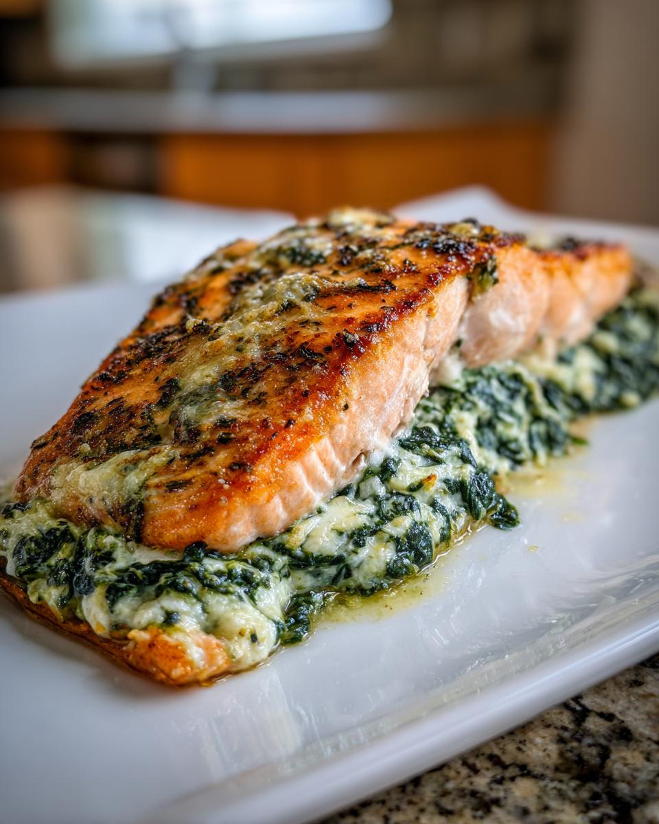 Close-up of a perfectly seared stuffed salmon fillet resting on a bed of creamy spinach filling.