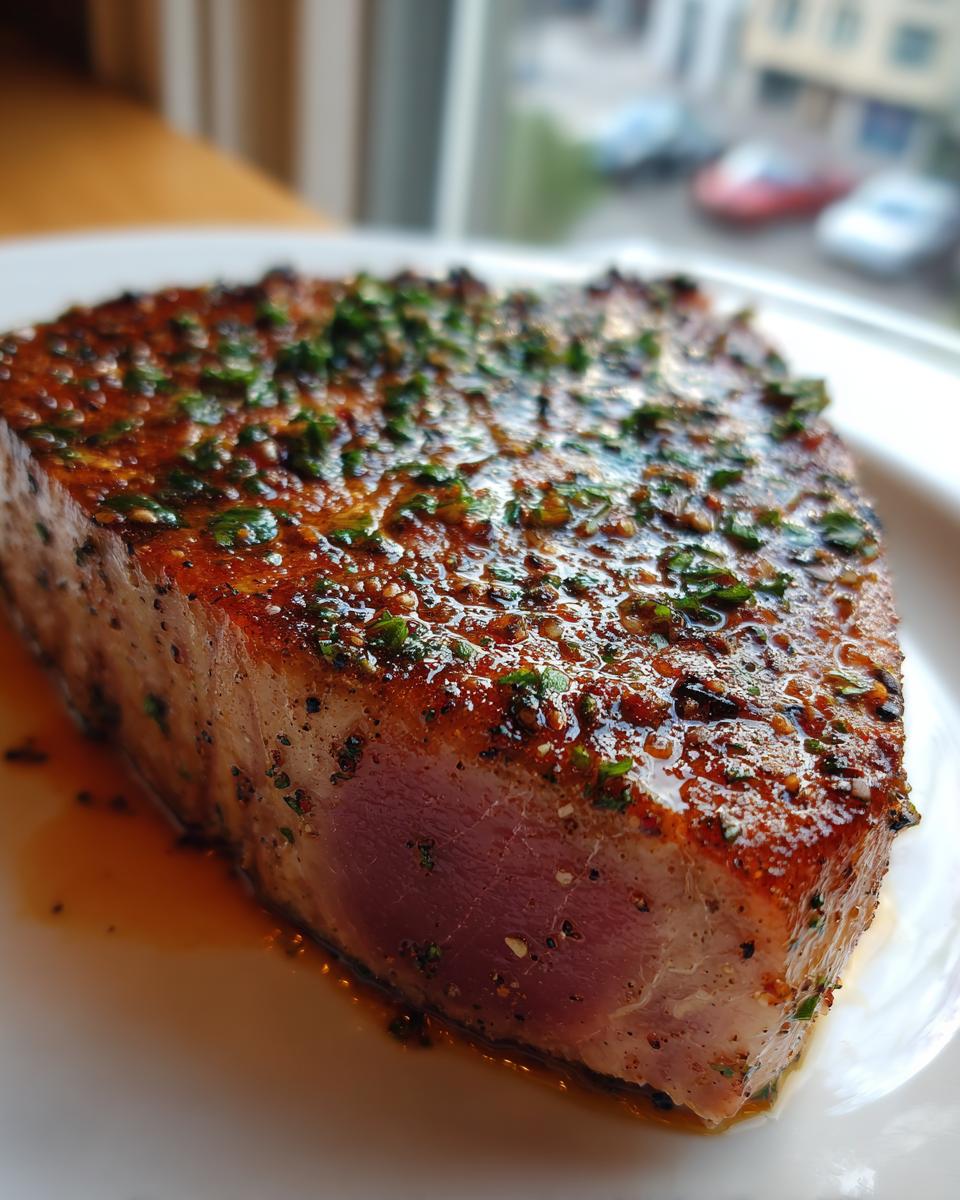 Close-up of a perfectly seared tuna steak, showing a caramelized crust and pink interior, topped with a herb MARINADE FOR TUNA STEAK.
