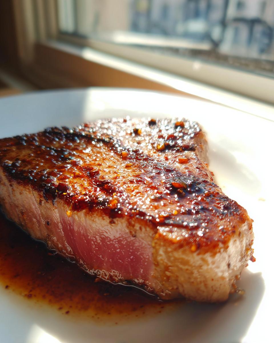 Close-up of a seared tuna steak, pink in the center, glistening with marinade residue.
