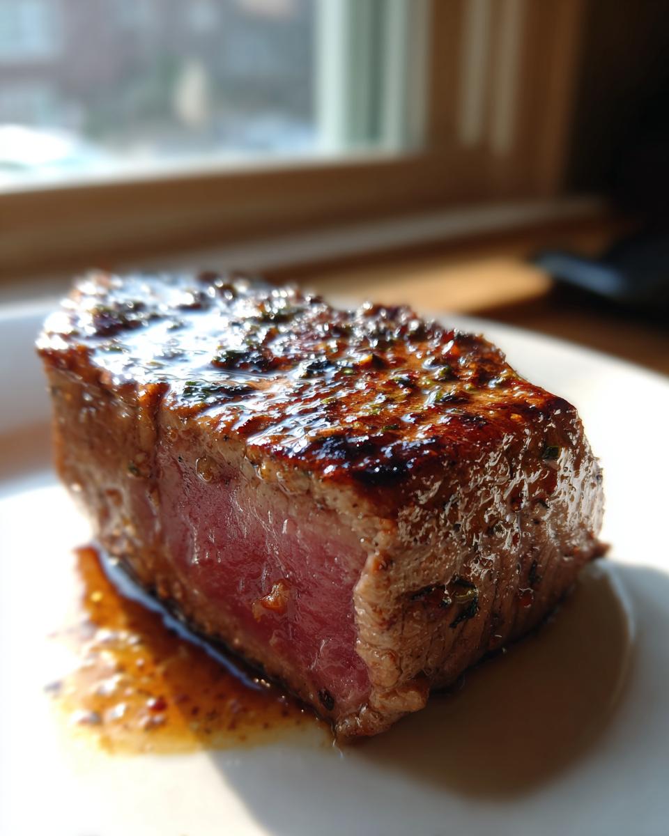 Close-up of a thick, perfectly seared tuna steak, medium-rare inside, glistening with marinade.