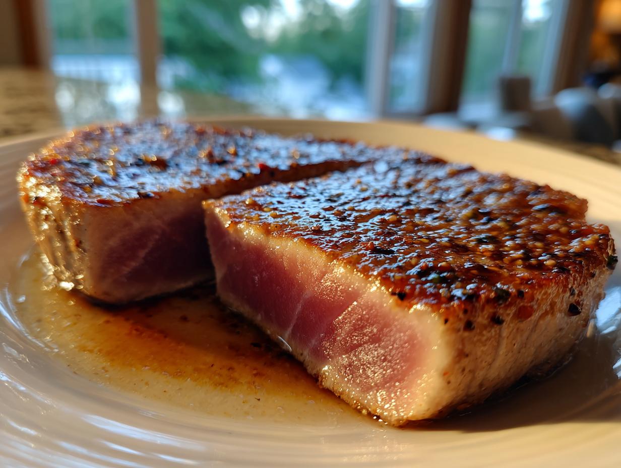 Close-up of a seared tuna steak, cut in half, showing a rare pink center and a sesame seed crust from the MARINADE FOR TUNA STEAK.