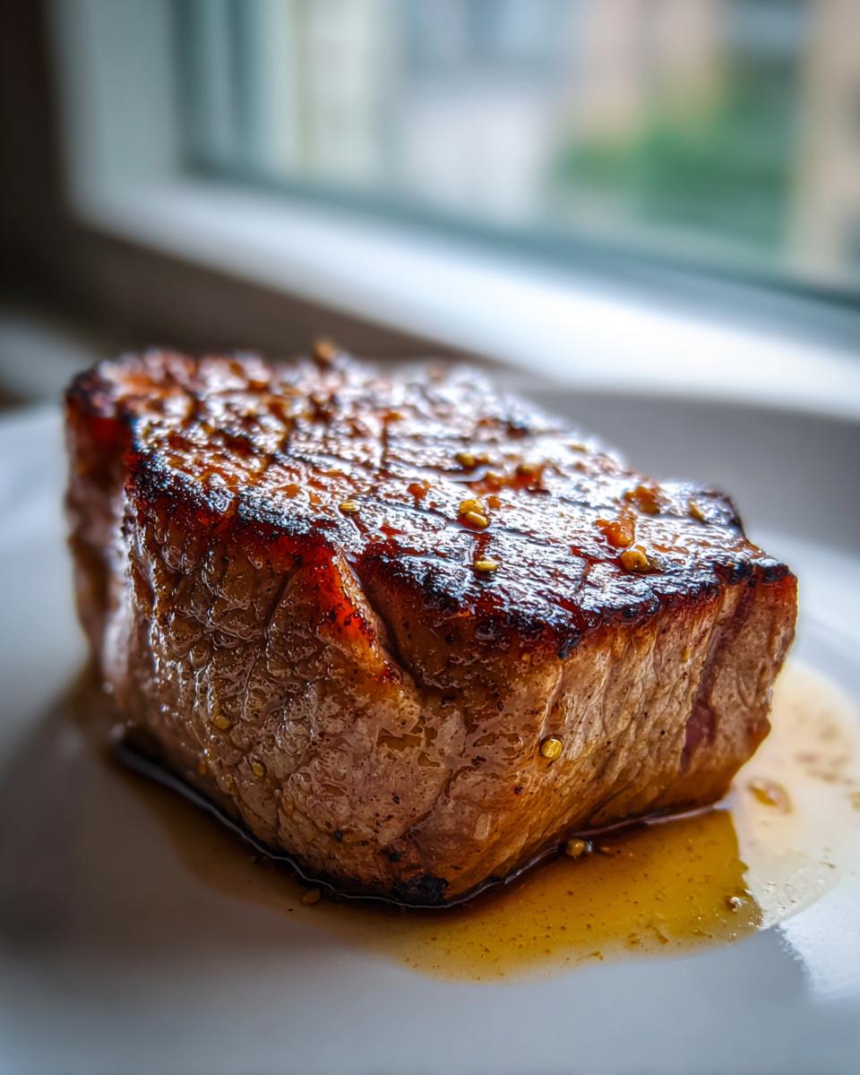 Close-up of a perfectly seared tuna steak resting in its juices, showing a caramelized crust from the MARINADE FOR TUNA STEAK.