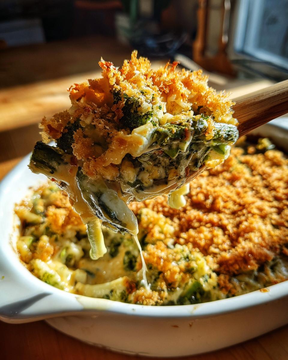 A spoonful of creamy broccoli cauliflower casserole with a golden, crispy breadcrumb topping being lifted from the dish.