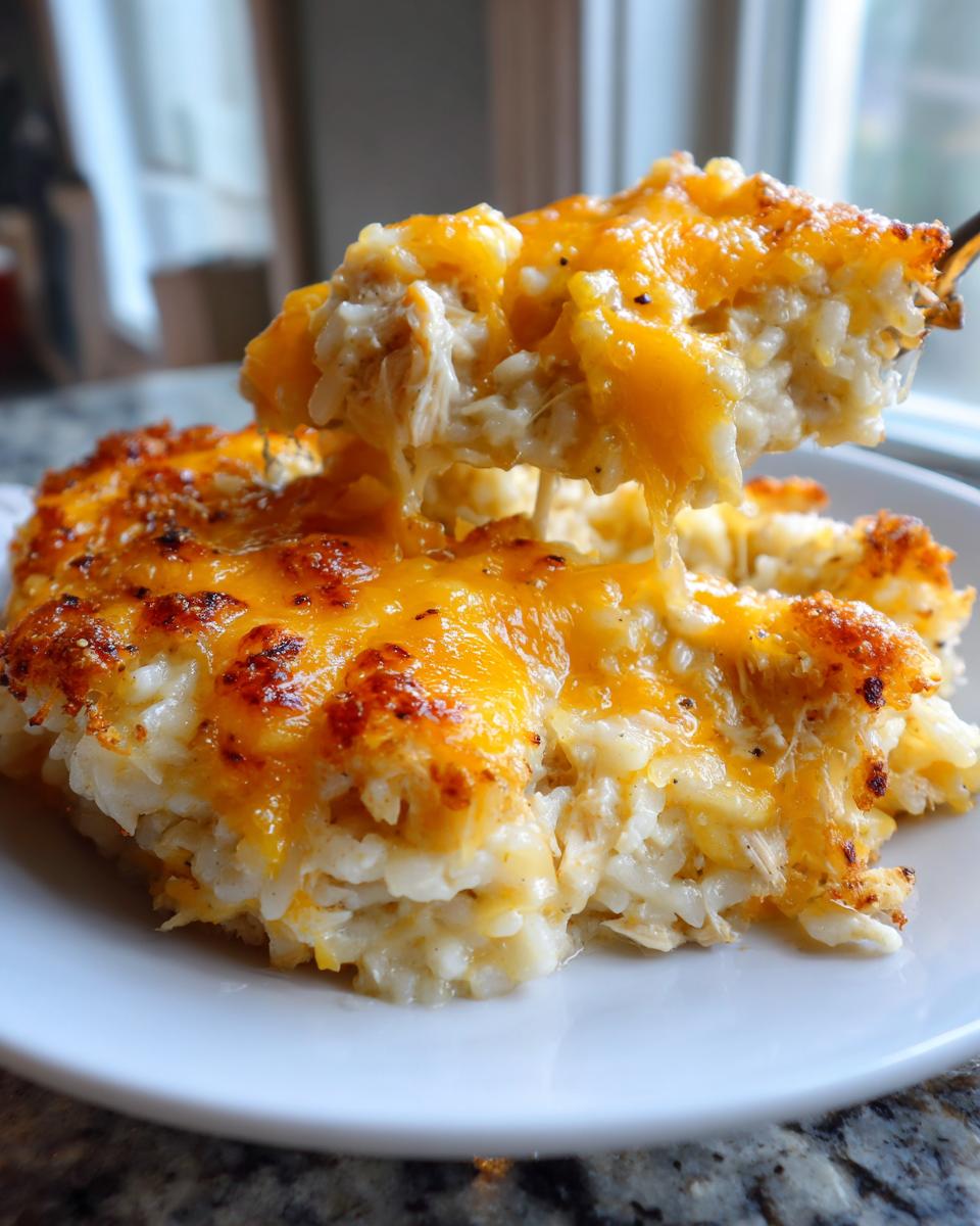 A spoonful of cheesy chicken and rice lifted from a serving, showing melted, gooey cheddar cheese stretching between the spoon and the casserole.