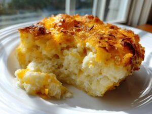 A close-up serving of creamy hashbrown casserole with a crispy, golden-brown cheese topping on a white plate.