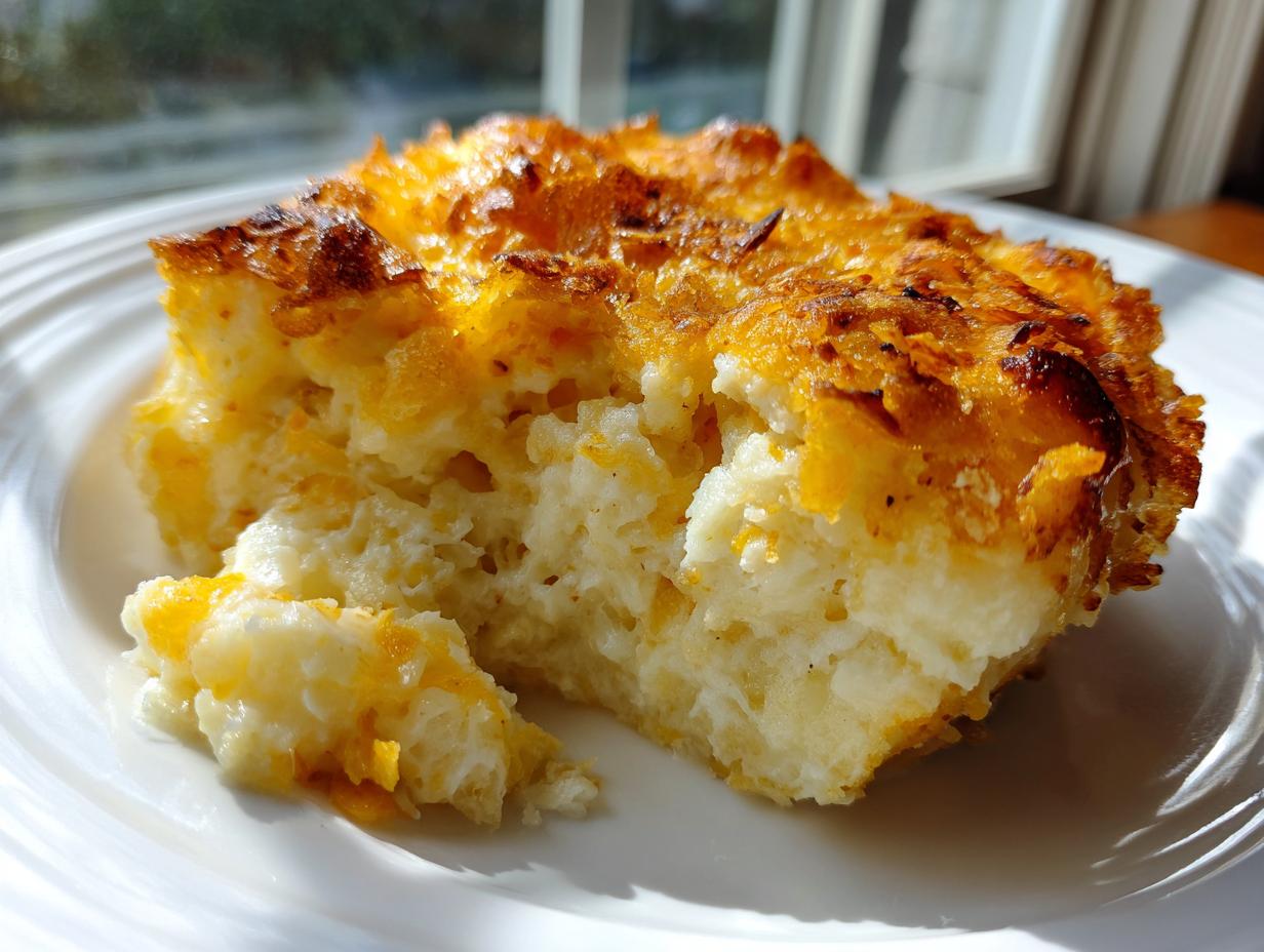 A close-up serving of creamy hashbrown casserole with a crispy, golden-brown cheese topping on a white plate.