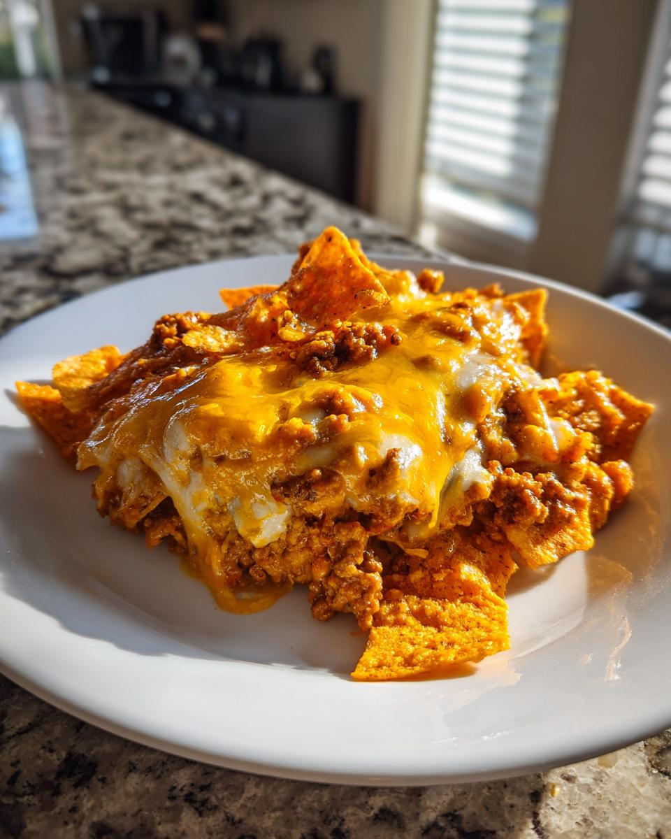 A close-up of a portion of Dorito Casserole topped with melted orange and white cheese and seasoned ground meat.