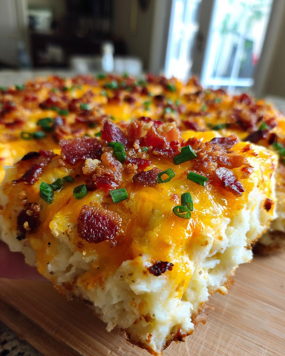 A close-up of a serving of loaded mashed potato casserole topped with melted cheddar cheese, bacon bits, and chives.