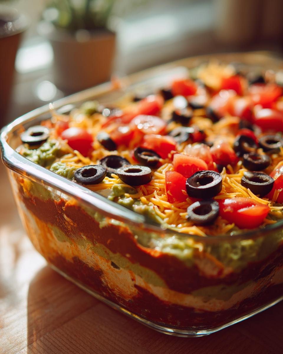 Close-up view of a delicious Seven layer dip showing distinct layers topped with cheese, tomatoes, and black olives.