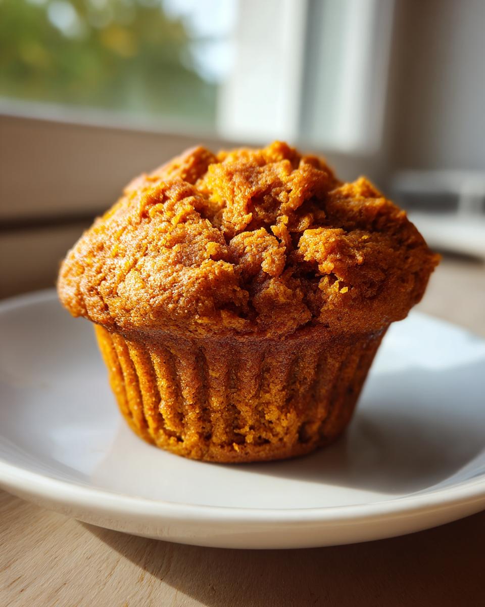 A single, perfectly baked sweet potato muffin with a textured, domed top, sitting on a white plate.
