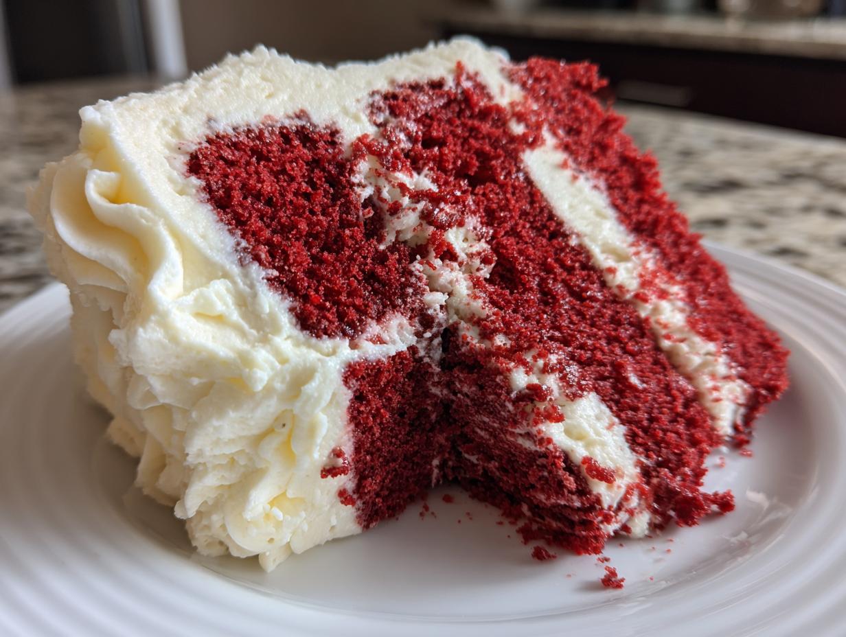 Close-up of a moist slice of red velvet cake layered with thick white cream cheese frosting.