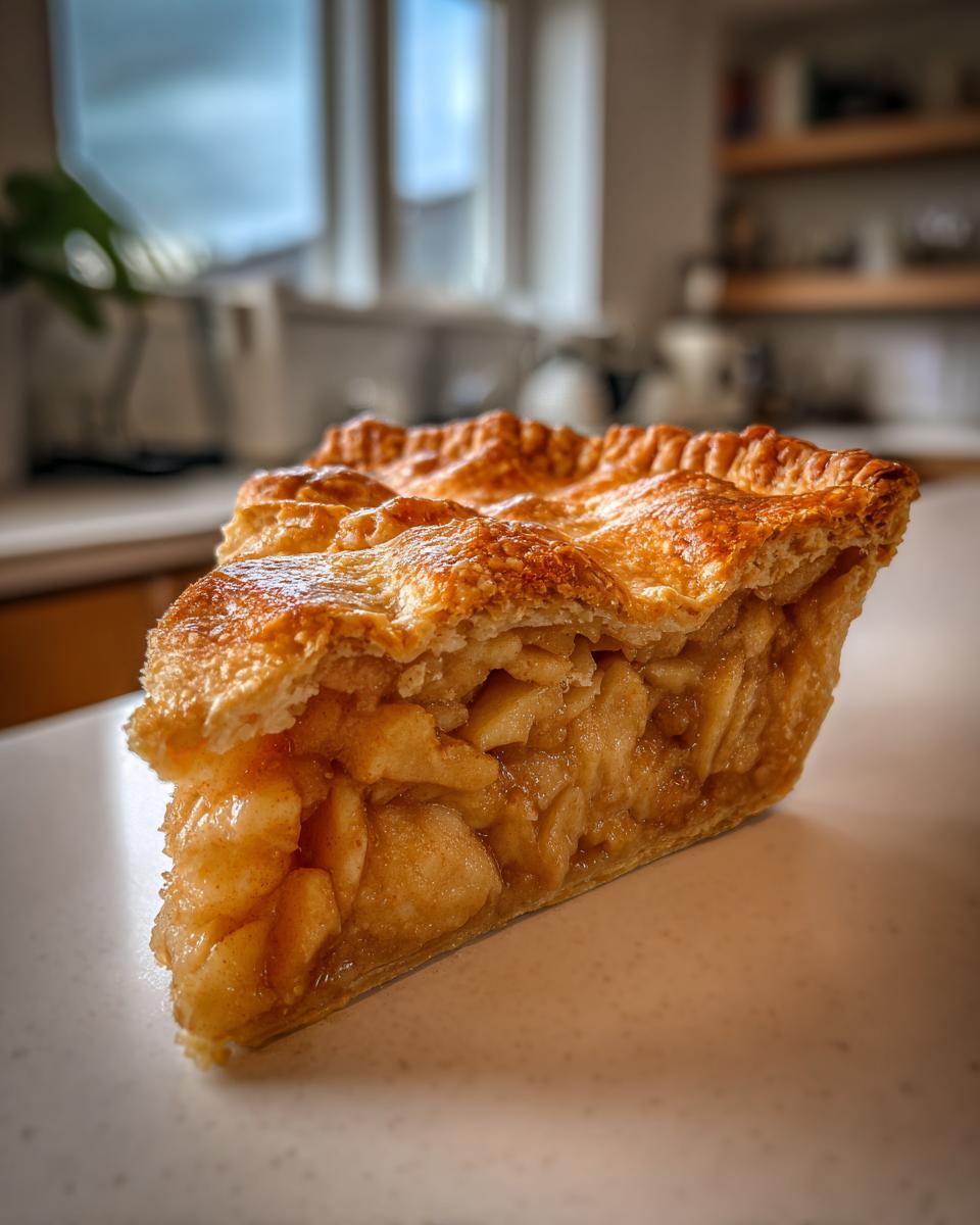 Close-up of a thick slice of apple pie recipe showing flaky crust and juicy, spiced apple filling.