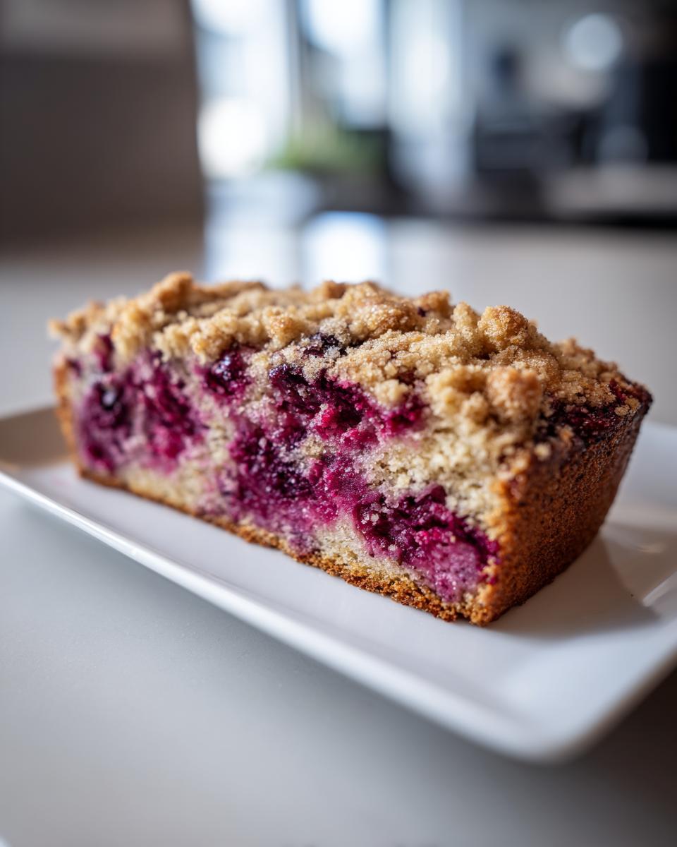 A close-up shot of a moist slice of plum cake featuring a rich layer of purple fruit and a sugary streusel topping.