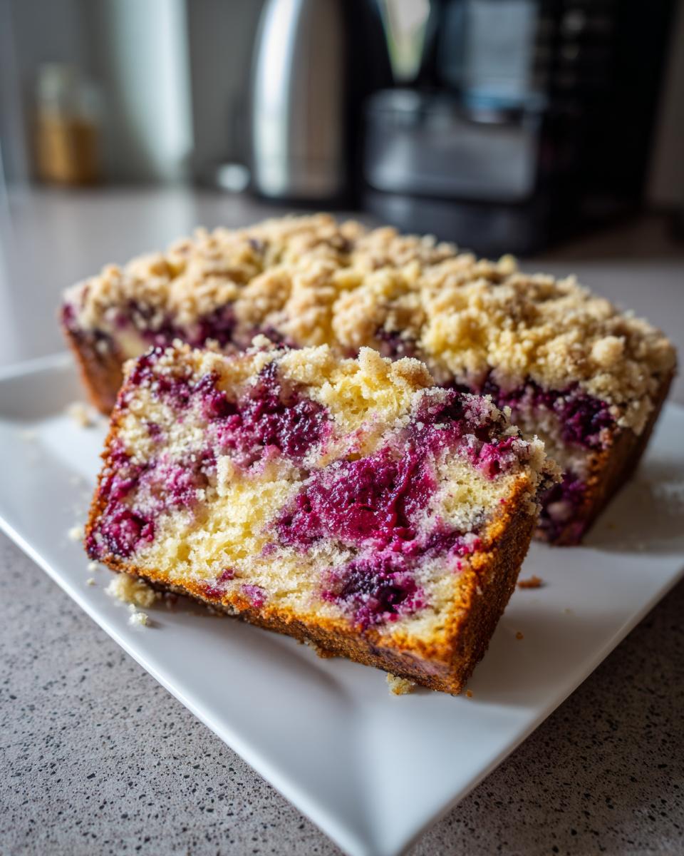 Close-up of a slice of moist plum cake featuring a rich purple fruit swirl and a crunchy streusel topping.