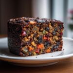 Close-up of a dense slice of dark fruit cake packed with colorful dried and candied fruits.