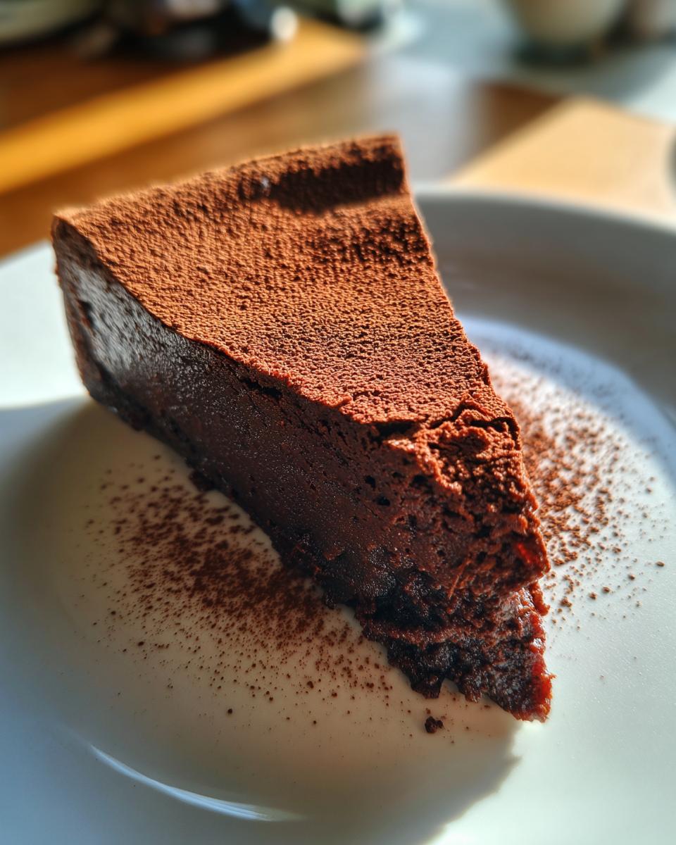 A decadent slice of flourless chocolate torte, dusted heavily with cocoa powder, sitting on a white plate.