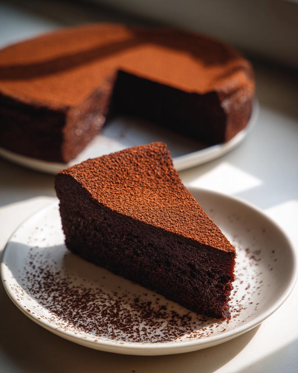 A decadent slice of flourless chocolate torte dusted heavily with cocoa powder, served on a white plate.