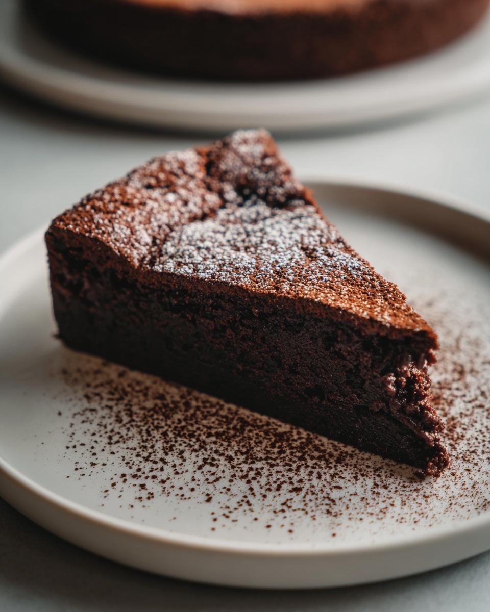 A decadent slice of flourless chocolate torte dusted with powdered sugar on a white plate.