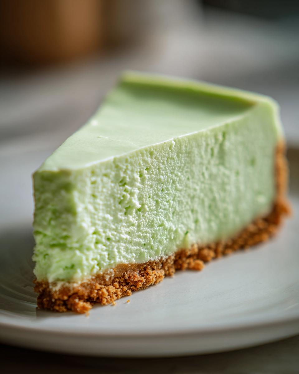 Close-up of a perfect slice of bright green key lime cheesecake resting on a white plate.