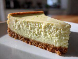 A close-up shot of a perfect slice of key lime cheesecake showing the thick, creamy filling and graham cracker crust.