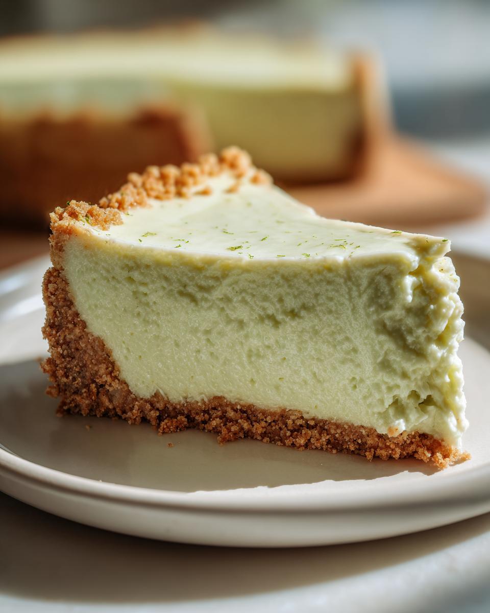 A perfect slice of light green key lime cheesecake with a thick graham cracker crust sitting on a plate.