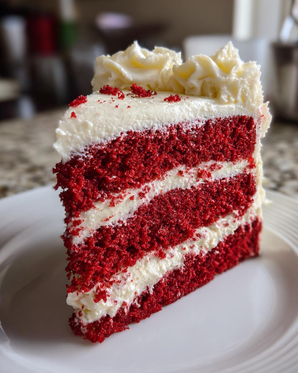 A tall, moist slice of red velvet cake featuring three layers of bright red cake separated by thick white cream cheese frosting.