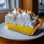 A close-up of a slice of lemon meringue pie showing bright yellow curd and tall, toasted meringue peaks.