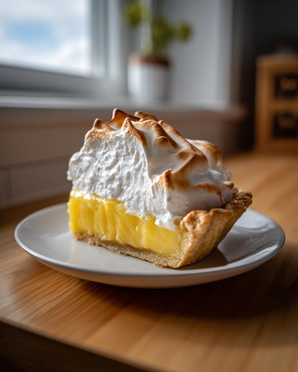 A tall slice of lemon meringue pie with toasted meringue peaks sitting on a white plate.