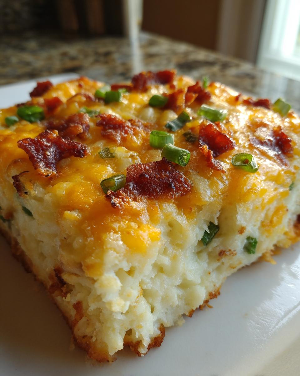 Close-up of a rich slice of mashed potato casserole topped with melted cheddar, bacon bits, and green onions.