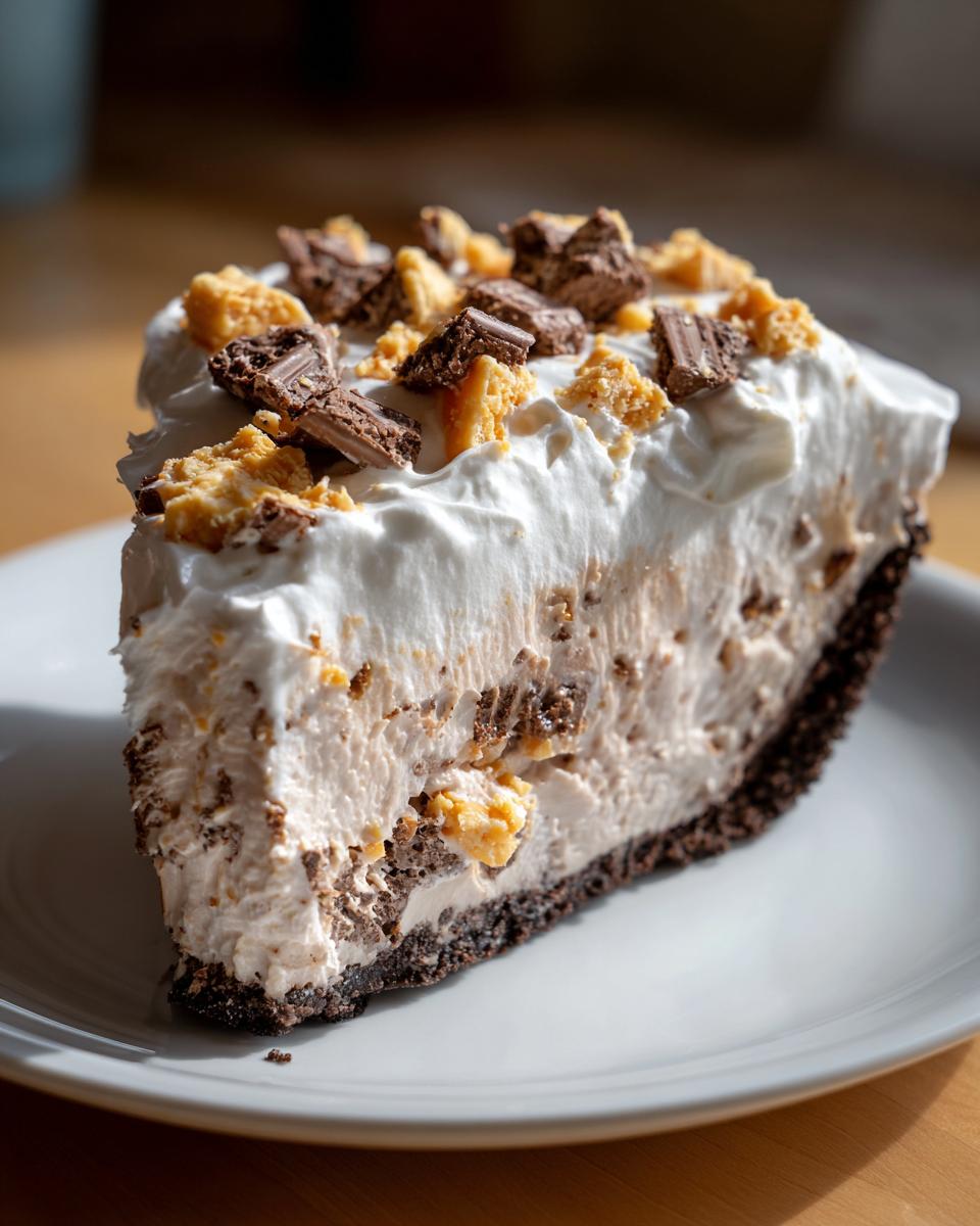 A close-up slice of no-bake butterfinger pie featuring a dark crust, creamy filling, and topped with whipped cream and candy pieces.
