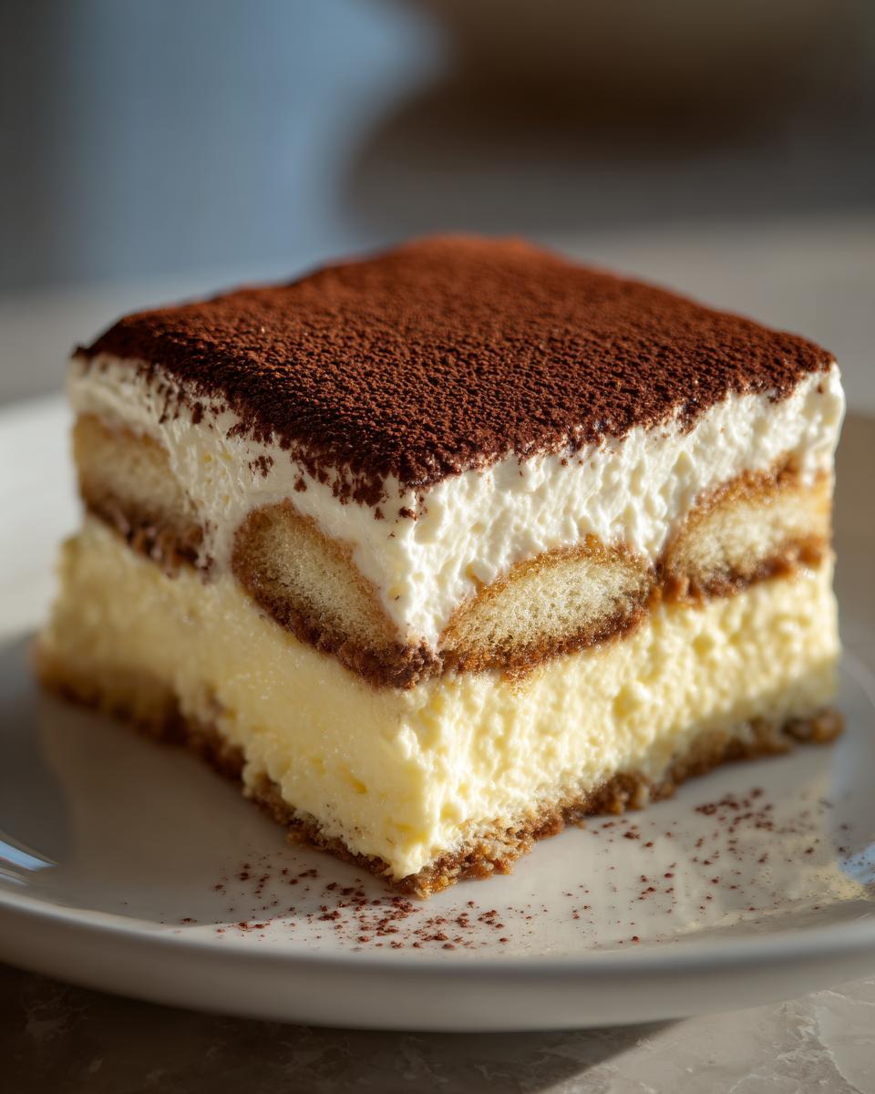 A close-up of a rich, layered slice of tiramisu recipe dessert dusted heavily with cocoa powder.