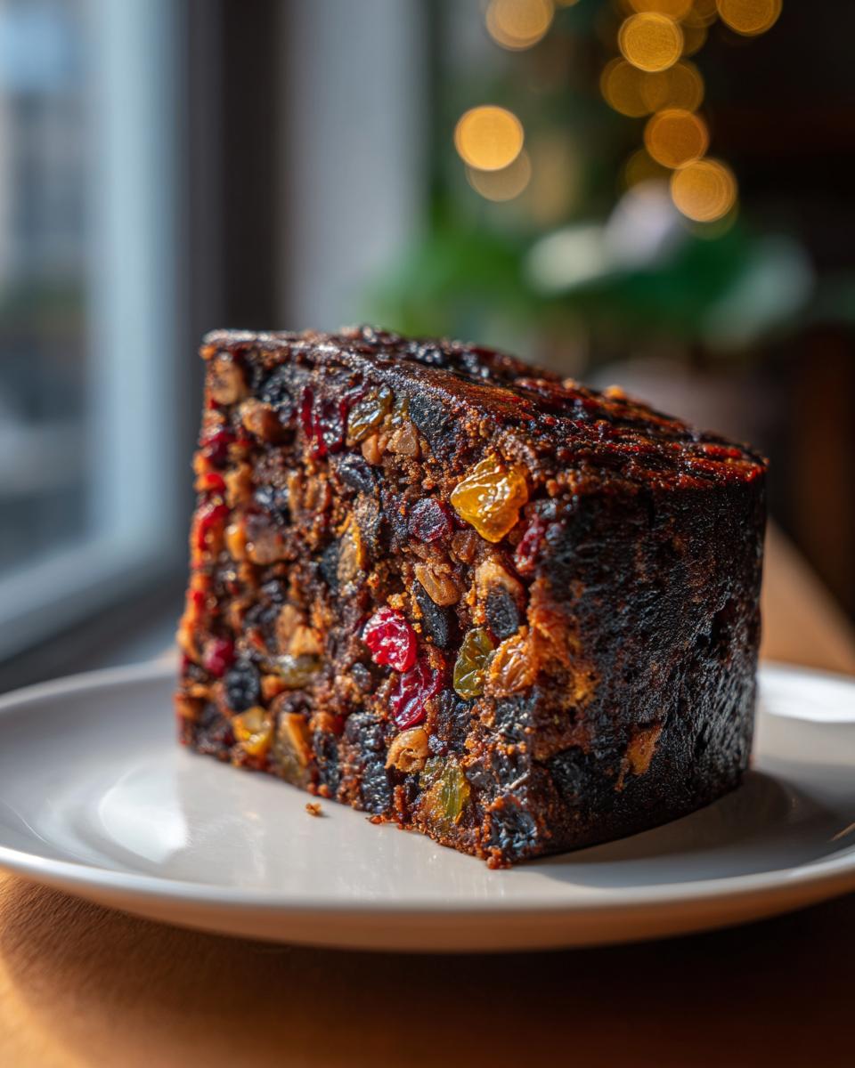 A dense, dark slice of fruit cake packed with colorful dried and candied fruits, sitting on a white plate.