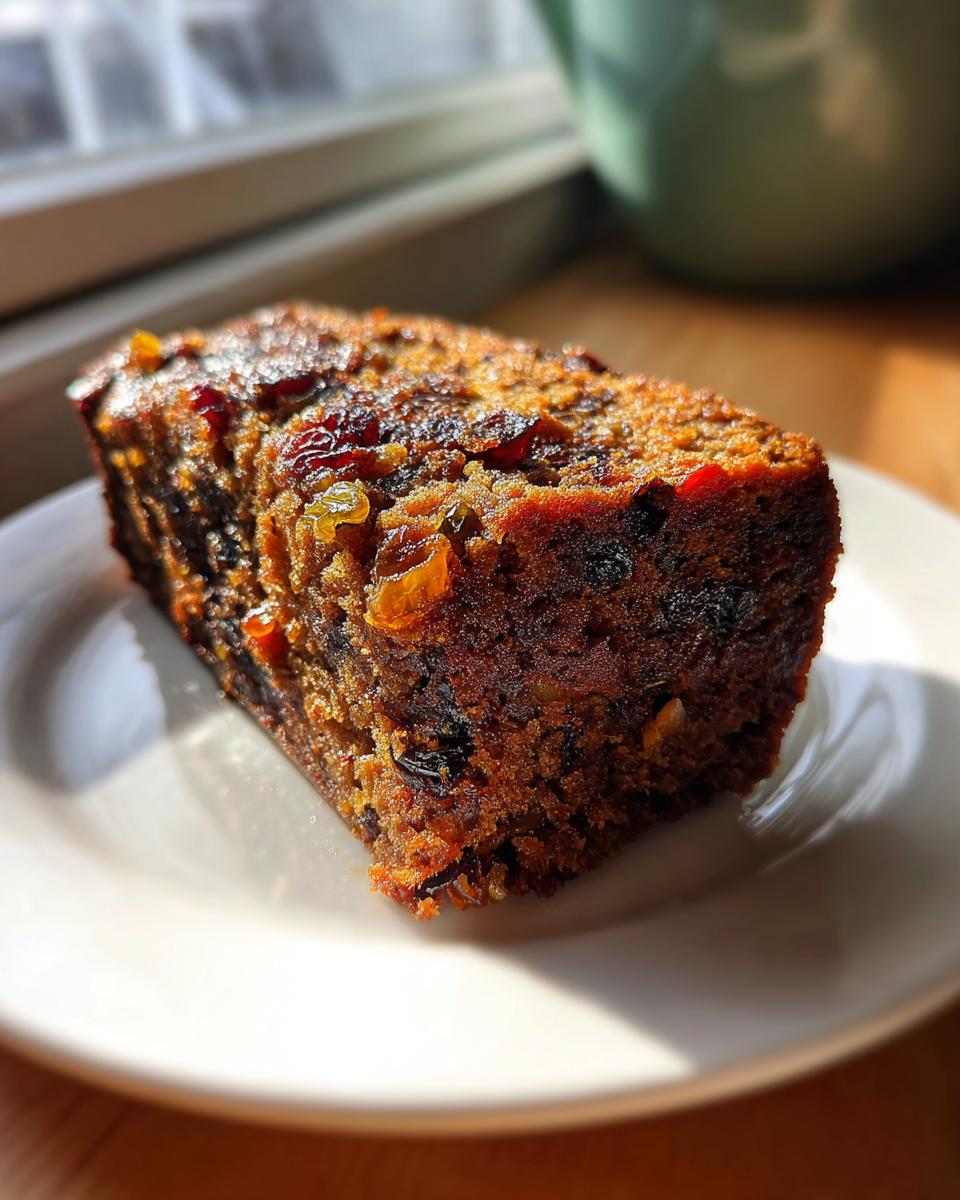 A rich, dark slice of fruit cake packed with dried fruits, served on a white plate in bright sunlight.