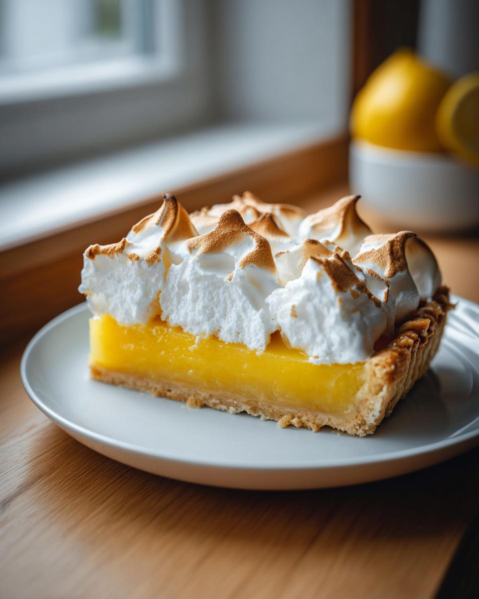 A beautiful slice of lemon meringue tart with bright yellow filling and peaks of toasted white meringue.