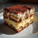 A close-up shot of a perfect slice of tiramisu recipe, layered with cream and dusted with cocoa powder.