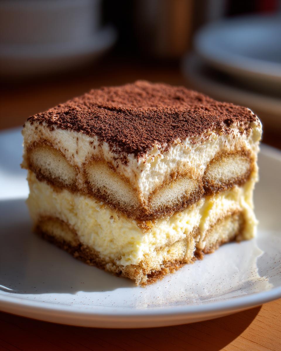 A perfect square slice of creamy tiramisu recipe dusted heavily with cocoa powder, showing layers of mascarpone and coffee-soaked ladyfingers.
