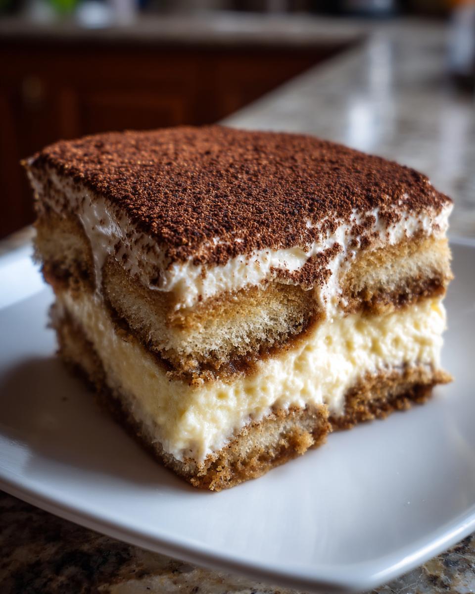 A perfect slice of tiramisu recipe showing layers of coffee-soaked ladyfingers and creamy mascarpone, dusted with cocoa.