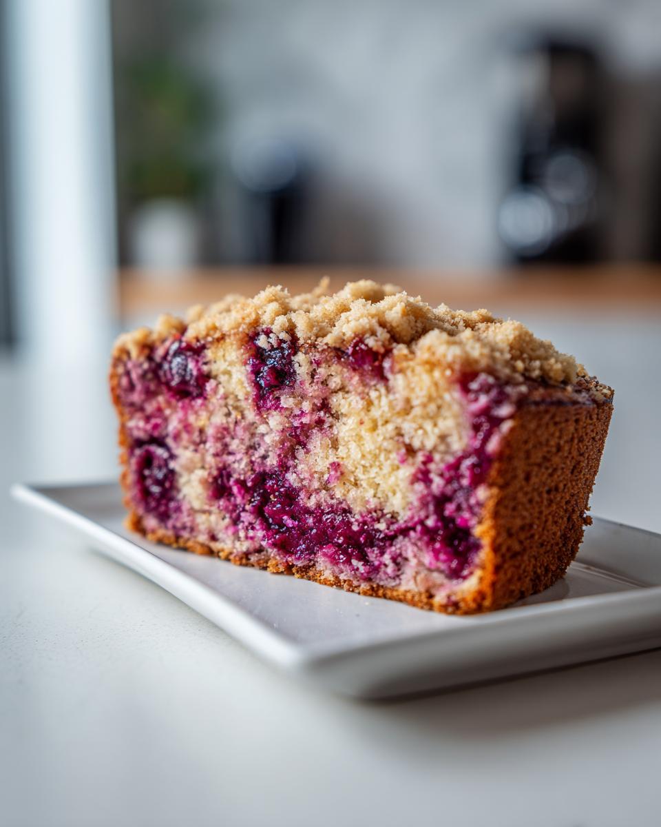 A close-up slice of moist plum cake featuring deep purple fruit swirls and a golden crumb topping.