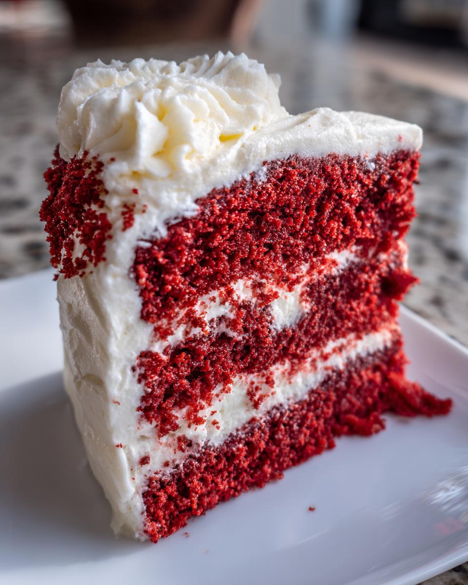 A tall, moist slice of red velvet cake layered with white cream cheese frosting, sitting on a white plate.